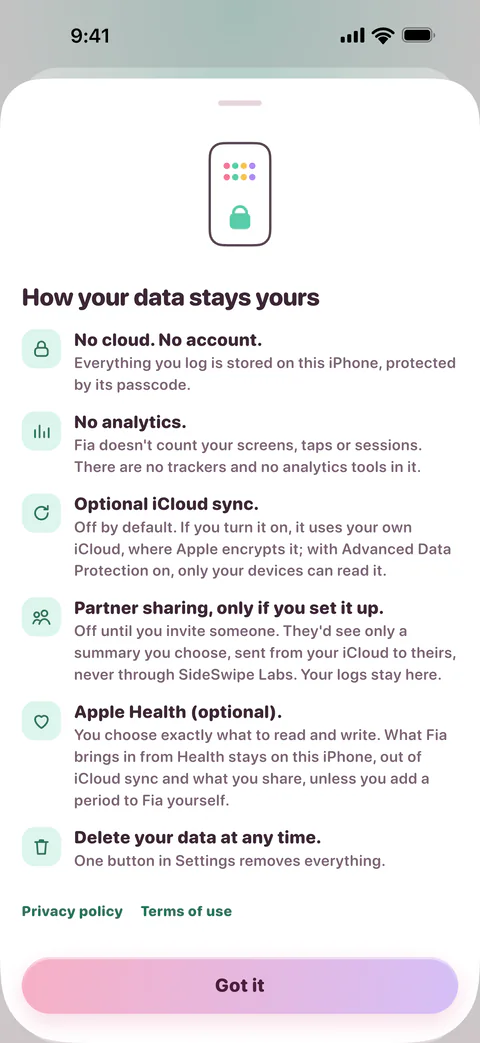 Fia’s privacy sheet, How your data stays yours, listing no cloud and no account, no analytics, optional iCloud sync, sharing only if you set it up, optional Apple Health, and deleting your data at any time